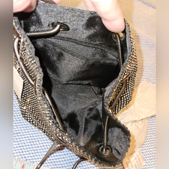 Black & Silver Mini Bucket Bag Crossbody Cinch w/Diamond Encrusted Detail - Picture 3 of 7